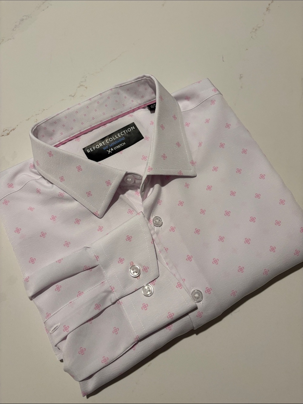 Report Collection White Dress Shirt with Pink Motif Lightweight Large 16.5
